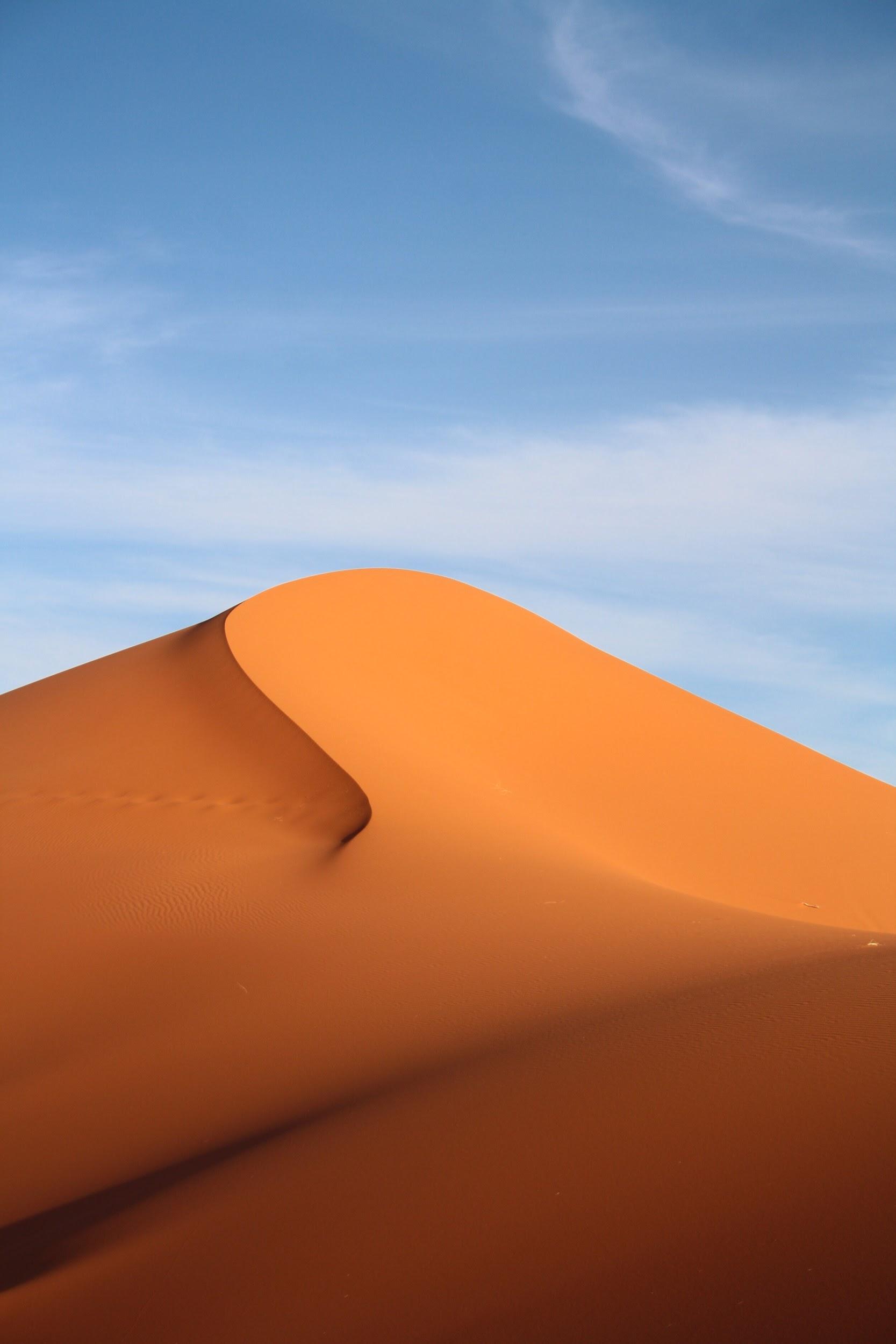 A tall Sahara dune under a clear blue sky, near Merzouga